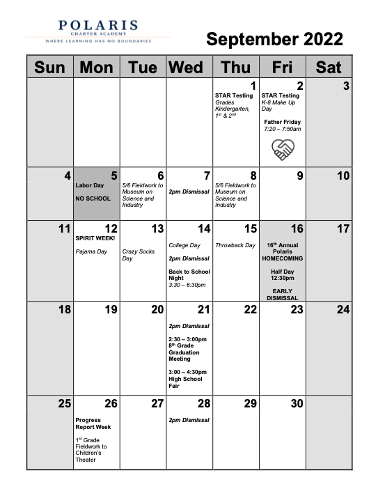 Parent Calendar Polaris Charter Academy